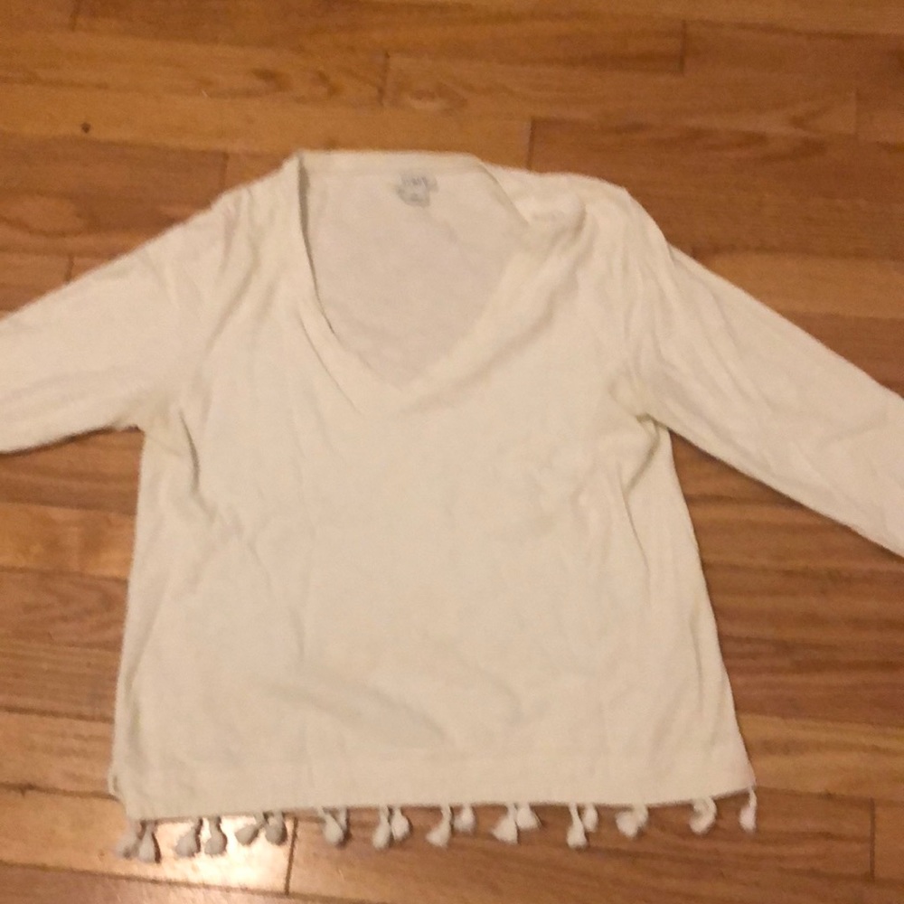 J Crew white l/s tee with Pom Pom detail
